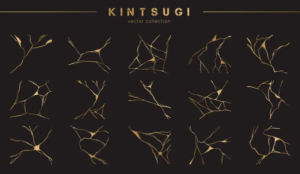 Set von goldenen Kintsugi-Vektormustern. Japanische Kunst der Reparatur gebrochener Keramik. Vektor kaputt und Risse für Home Prints, Poster, Tapeten. Goldenes Material der Kintsugi-Restaurierungstechnik — Stockvektor