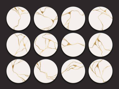 Set of circle gold kintsugi patterns. Japanese art of repairing broken pottery. Vector broken and cracks for home prints, posters, highlights. Golden material of kintsugi restoration technique clipart