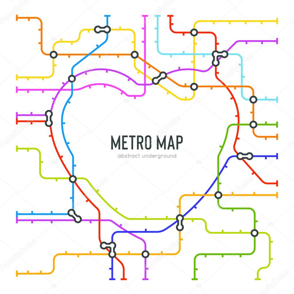 Abstract metro map in shape of heart. Vector subway underground scheme. City transportation diagram concept. Colorful metro journey for poster design