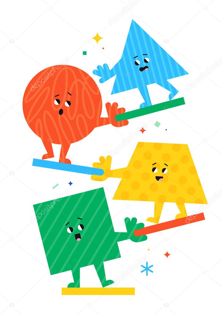 Cute cartoon geometric figures with different face emotions, circle, triangle, square and trapeze, funny poster idea for kids. Colorful characters, trendy vector illustrations, basic various figures