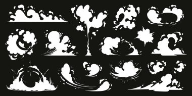 Çizgi roman patlama etkisi ayarlandı. Vektör tozu dumanı, duman, sis, sis, su buharı, çizgi film enerji patlaması ve hareket hızı kıvılcımları. Canlandırma için Clipart ögesi. Oyun, baskı ve tanıtım için görsel efektler