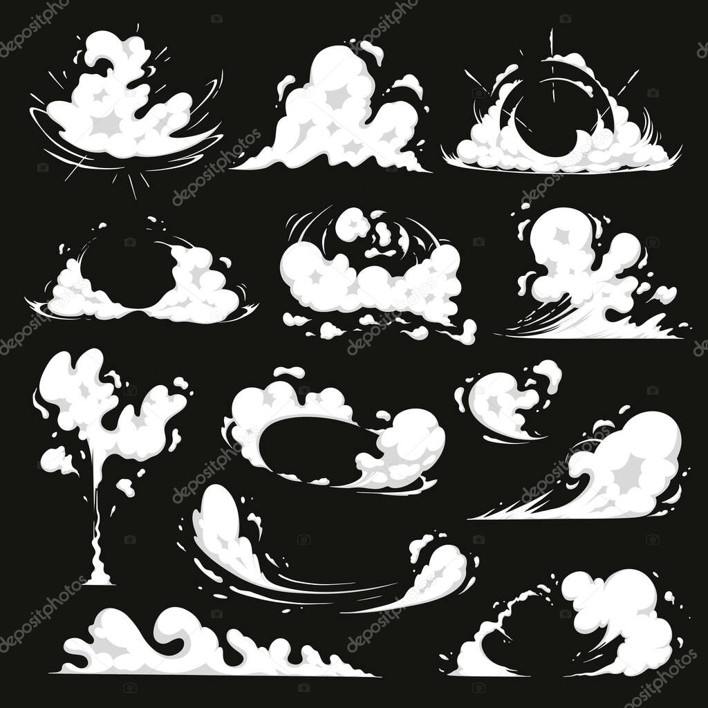 Comic explosion effect set. Vector dust smoke cloud, puff, mist, fog, watery vapour, cartoon energy blast and motion speed sparks. Clipart element for animation. Visual effects for game, print, promo