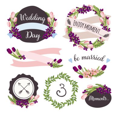 Düğün koleksiyonu çizilmiş çiçekler ve bitkiler ile