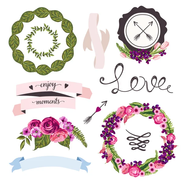 Collection mariage avec fleurs et plantes dessinées à la main — Image vectorielle