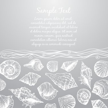 Hand drawn pattern with various seashells and place for text clipart