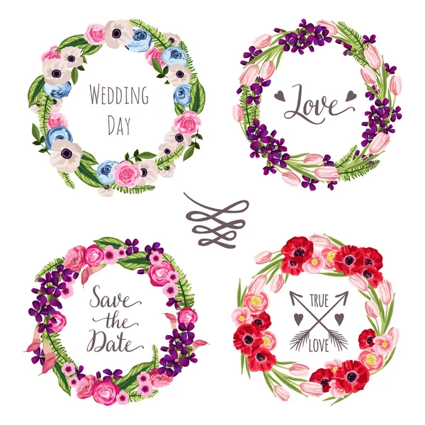 Wedding collection wreaths with hand-drawn flowers and plants — Stock Vector