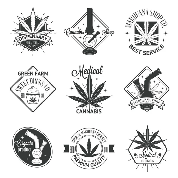 Σύνολο λογότυπα ιατρική μαριχουάνα. Κάνναβης κονκάρδες, ετικέτες και λογότυπα — Διανυσματικό Αρχείο