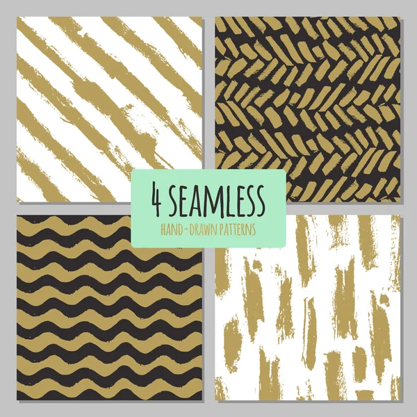 Set of 4 hand drawn seamless trendy patterns with ink brush strokes. Isolated on white and black backgrounds — Stock Vector