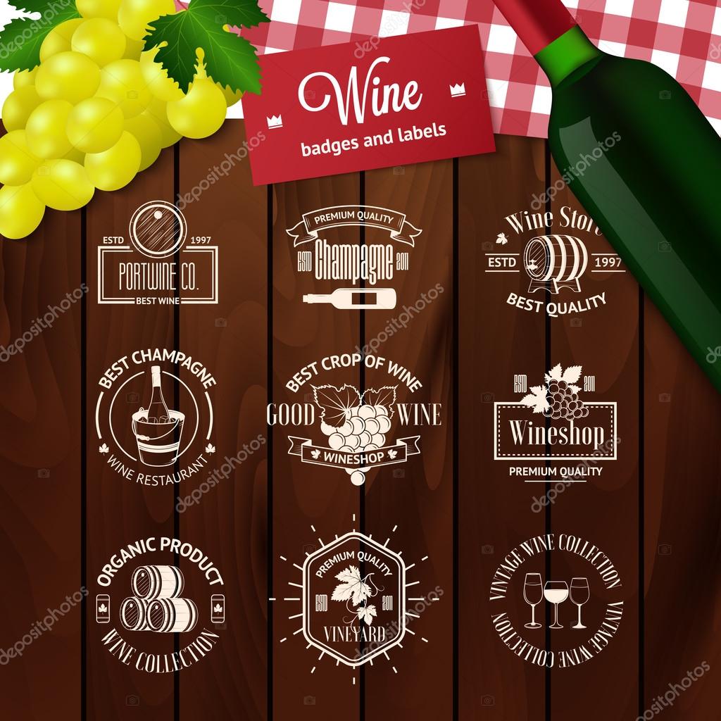 Set of elegant wine badges and labels. Vintage logo templates on wood background with realistic bottle and grapes for your design