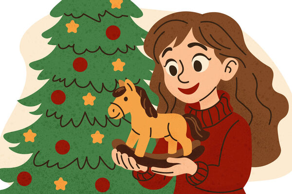 2026 год лошади. Милая девушка с деревянной лошадиной игрушкой на рождественском фоне. векторная карта