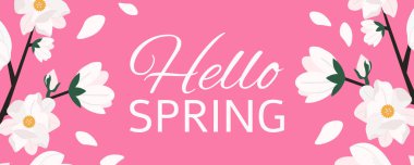 Çiçekli selamlar: modern tipografiyle pembe arka planda zarif bahar çiçekleri.