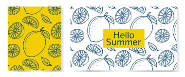 Taze narenciye ve merhaba yaz mesajı içeren canlı limon desenli tasarımlar..