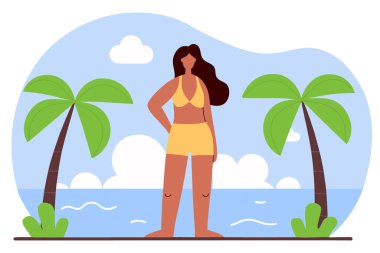 Sahilin arka planında sarı mayo giymiş bir kadın. Vektör çizimi. Yaz zamanı...