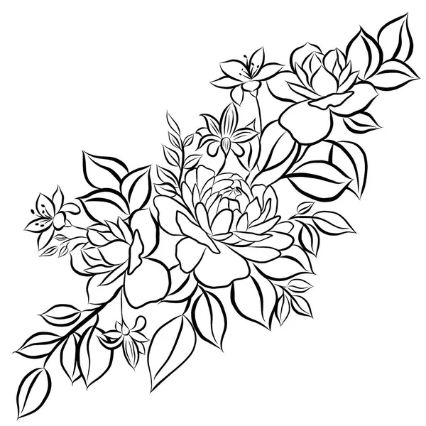 Beyaz Arka Planda Güzel Gül Buketi Çiçekleri Büyüyor Çizimi Düz - Stok İmaj