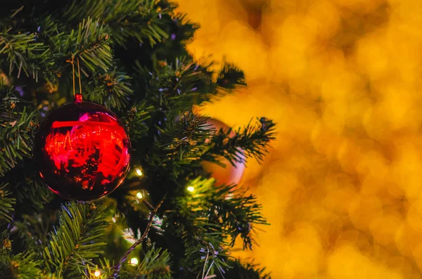 Red Bauble Hanging Christmas Tree Colorful Background — Stock Photo, Image