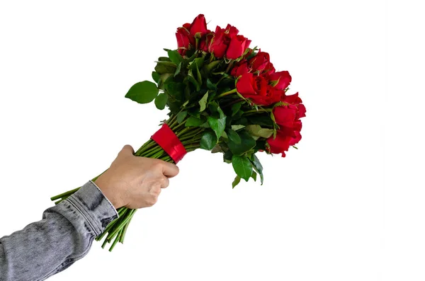 Mano Sosteniendo Ramo Rosas Rojas Aisladas Sobre Fondo Blanco Para — Foto de Stock