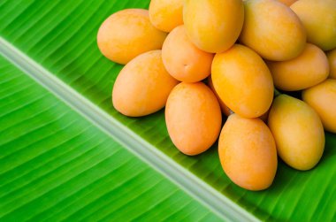 Marian eriği ya da Ma Yong Chid (Taylandca) eriğe benzer ama tadı muz yaprağı arkaplanındaki mango gibidir..