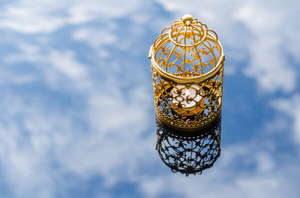 Selective Focus Golden Lantern Reflection Blurred Background Cloud Sky Islamic Royalty Free Stock Images