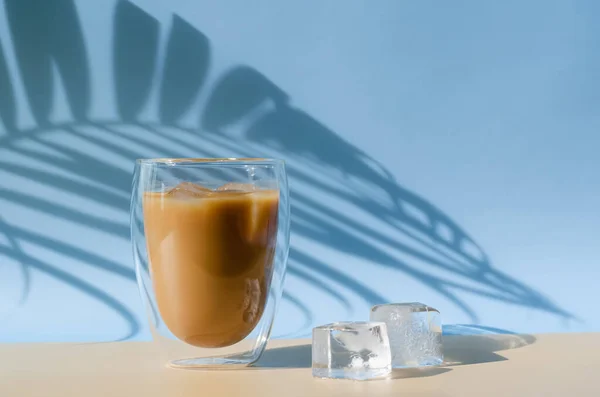 Café Glacé Latte Avec Cube Glacé Sur Sol Ombre Feuille — Photo