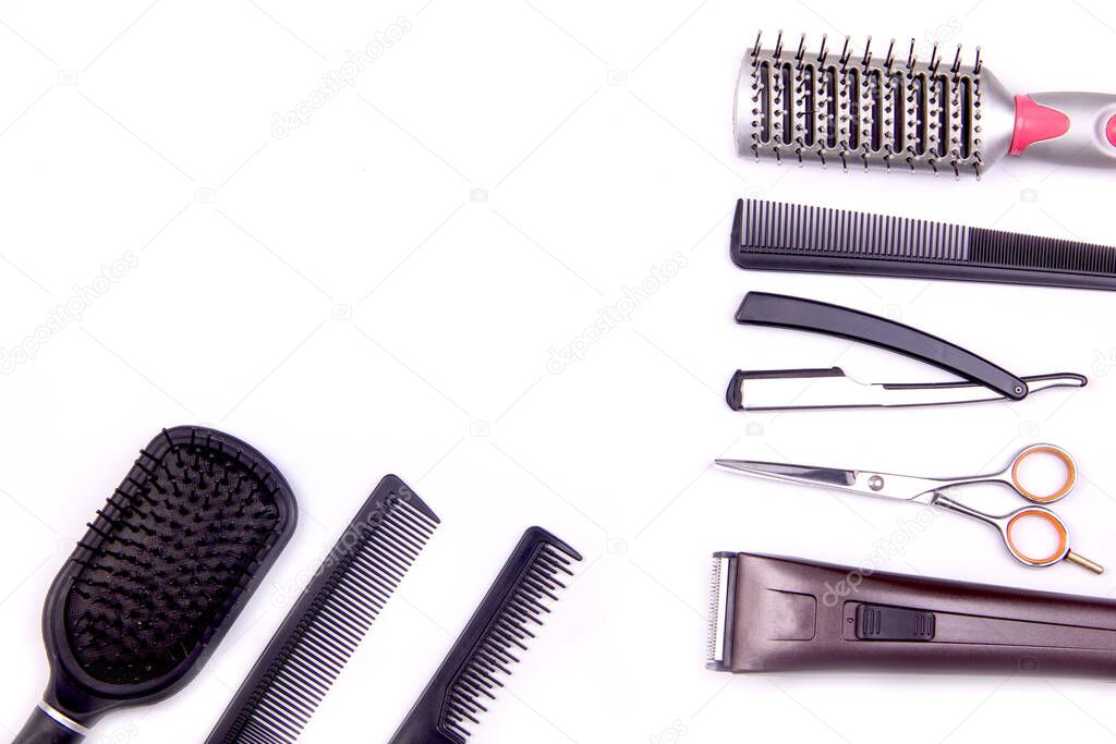 Hairdressing tools laid out on the table top view