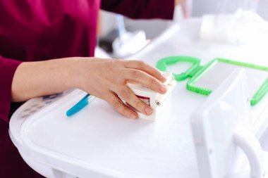 Diş hekimi çene modelinde dişlerin fırçayla nasıl fırçalandığını gösterir.