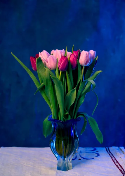 Ramo de tulipanes en un jarrón de vidrio sobre un fondo azul —  Fotos de Stock