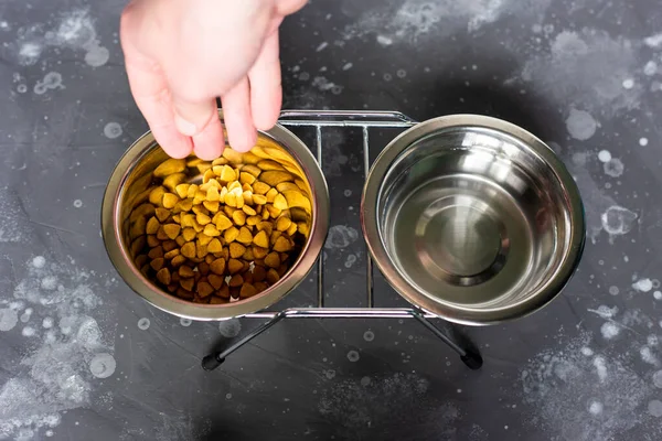 Mão derramando alimentos secos em uma tigela de aço para o gado. Alimentando seu animal de estimação. — Fotografia de Stock