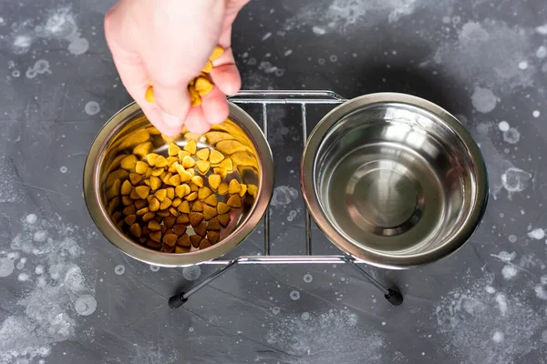 Mão derramando alimentos secos em uma tigela de aço para o gado. Alimentando seu animal de estimação. — Fotografia de Stock