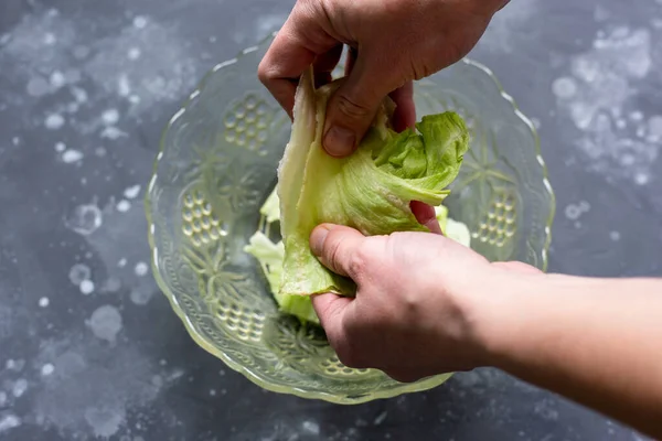 O homem rasga as folhas com as mãos em uma salada. Preparação da salada. — Fotografia de Stock