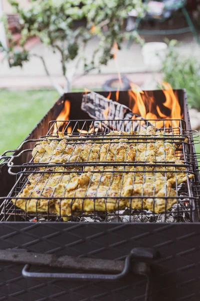 Tavuk kebabı ızgarada pişiyor. Izgara et.. — Stok fotoğraf