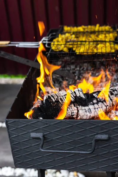 Brasero en el que se prepara la barbacoa. Carne de carbón — Foto de Stock