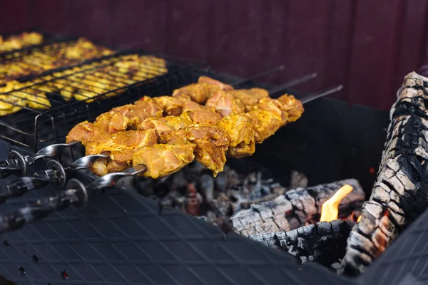 Pork kebab on skewers is fried on the grill — Stock Photo, Image