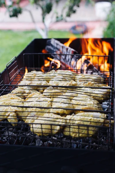 O kebab de frango é cozido na grelha — Fotografia de Stock