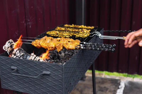 Fläskkebab på spett stekt på grillen — Stockfoto