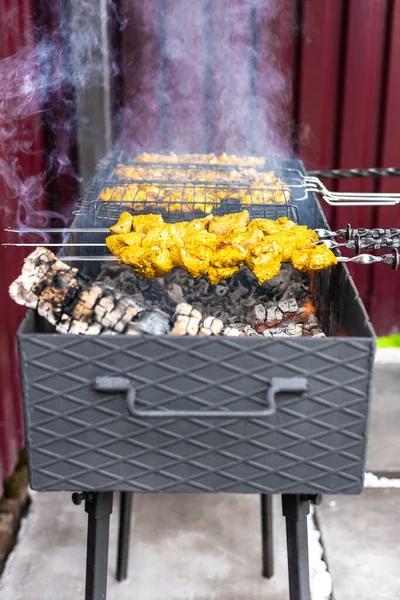 El kebab de cerdo en pinchos se fríe en la parrilla — Foto de Stock