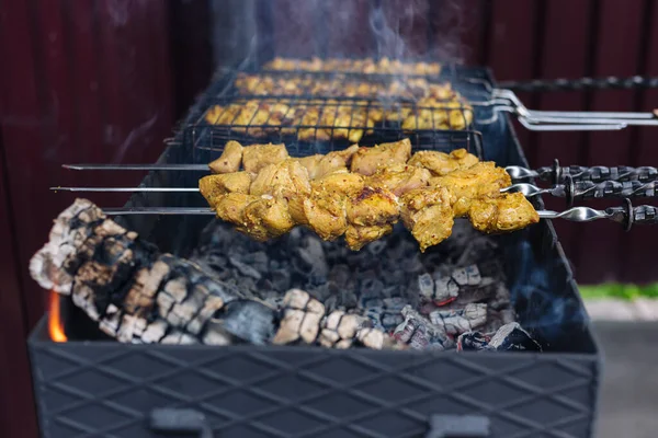 Kebab de porco em espetos é frito na grelha — Fotografia de Stock