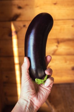 Ahşap zemin üzerinde patlıcan olan bir el. Zdorovoye pitaniye