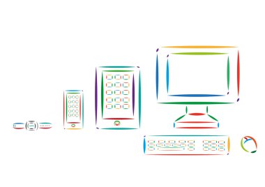 Farklı Modern teknik cihazlar renkli Hat sanatı. Düzenlenebilir küçük resim.