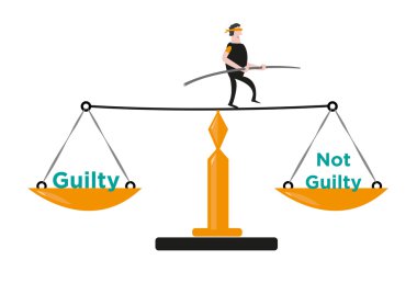 Bir erkekte kendini bir adalet ölçeğinde dengeler. Düzenlenebilir küçük resim.