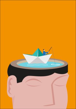 Bir Paperboat sürme bir balıkçı Gölü yapılan bir kafasına yüzer. Düzenlenebilir kavramı.