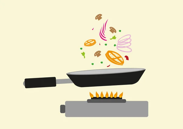 Cocinar en acción. Mezcla de ingredientes a través de una sartén. Clip de arte editable . — Vector de stock
