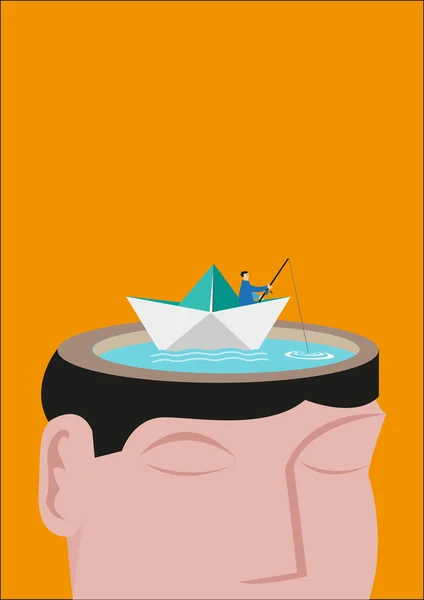 Un pescador que monta un Paperboat flota en una cabeza hecha de un lago. Concepto editable . — Vector de stock