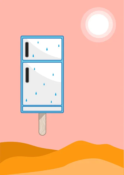 Een ijzige pop gemaakt van een koelkast in een woestijn als achtergrond. Bewerkbare illustraties. — Stockvector