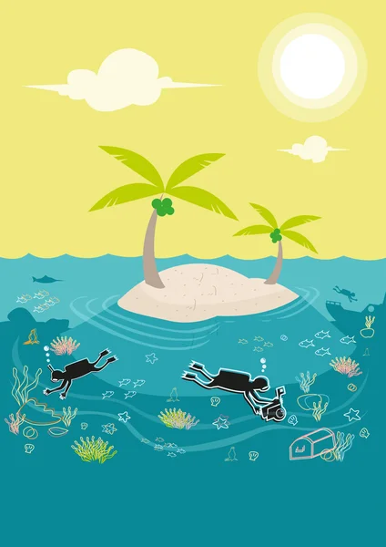 Cours de plongée dans une île riche en corail et question du niveau de la mer. Clip Art modifiable . — Image vectorielle