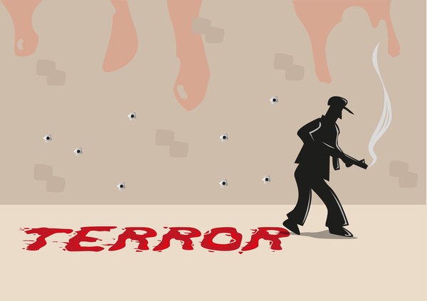 A Shooter with Terror Typography made of Blood Smears. Editable Clip Art.