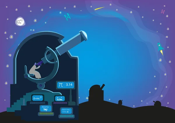 Um homem dentro de um observatório com grandes telescópios e laboratório à procura de corpos celestiais no universo. Editável Vector Clip Art . — Vetor de Stock