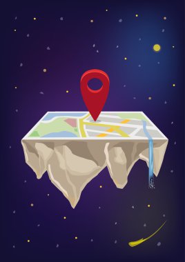 Locator Icon on Floating Map in Space. Editable Clip Art. clipart