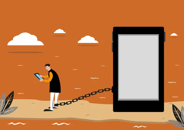 นักโทษของสื่อสังคมออนไลน์หรือการเสพติดอินเทอร์เน็ต ศิลปะคลิปที่แก้ไขได้ . — ภาพเวกเตอร์สต็อก