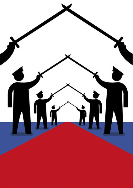 Military officers in a  Saber Arch position for welcoming march. Editorial Clip Art.