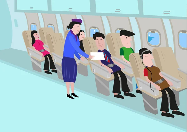 Stewardess spricht mit einem Passagier in einem Gang. editierbare Clip-Art. — Stockvektor